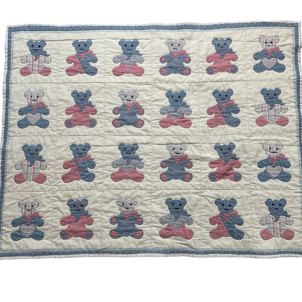 Vintage 80s Little Bedding Baby Blanket Comforter Reversible 32x40" Bears Pastel